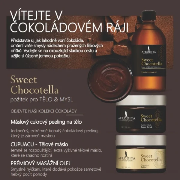 Čokoládový peeling s hnědým cukrem jemně odstraňuje odumřelé buňky, vyživuje jako maska a provoní pokožku čokoládou a praženými oříšky.