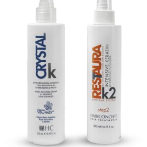 Keratinová sada pro obnovu poškozených vlasů – Crystal K + Restaura K2. Hloubková regenerace, ochrana barvy a zdravý lesk vlasů po barvení a odbarvování.